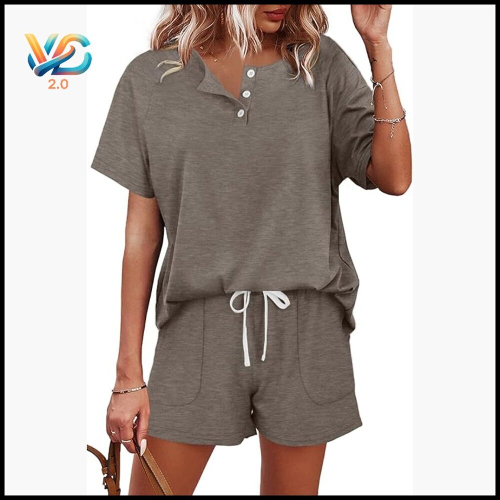 Large Two-Piece Lounge Set with Pockets, Button-Down Top and Shorts